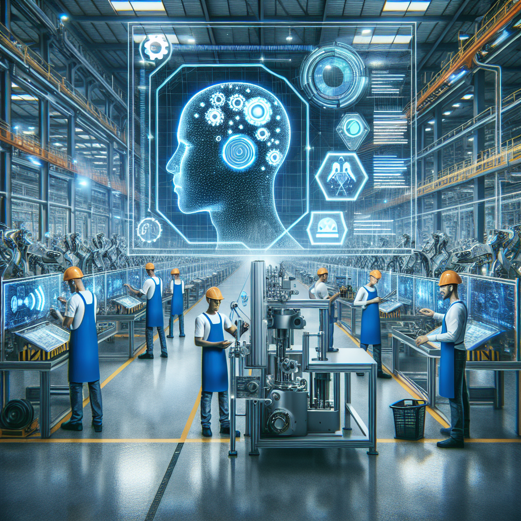 IHM futuriste et AI en interaction avec opérateur dans usine moderne